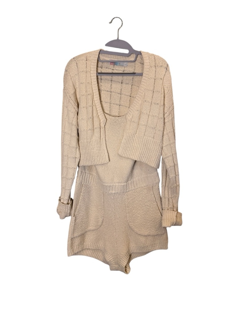 FP Beach Declan Cozy Cotton Knit Romper Set in Beige Sz M